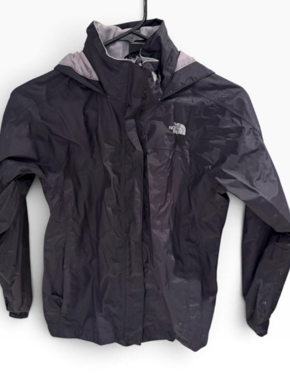 The North Face Girls Hooded Rain Jacket Black Nylon Full Zip Logo Size M 10/12